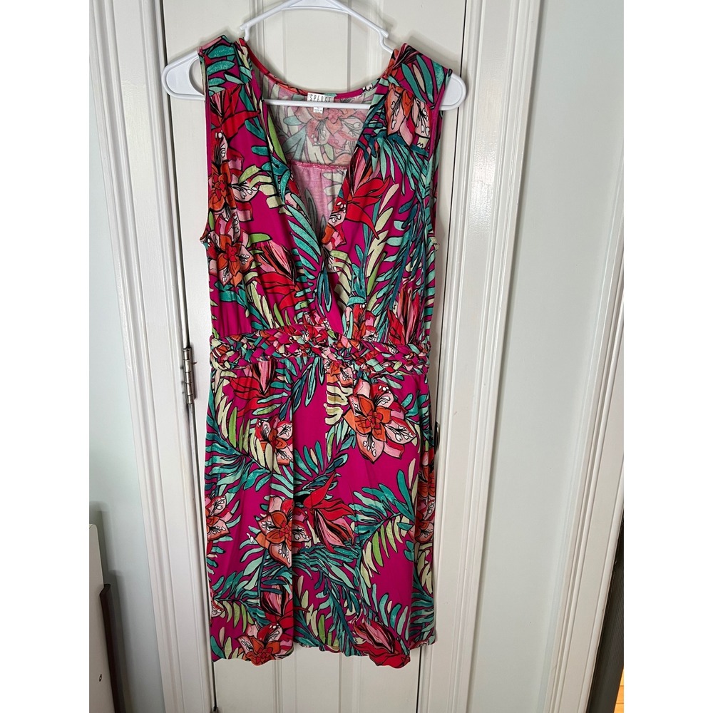Spense Pink Tropical Floral Braided Waist Faux Wrap Dress XL Sleeveless Summer